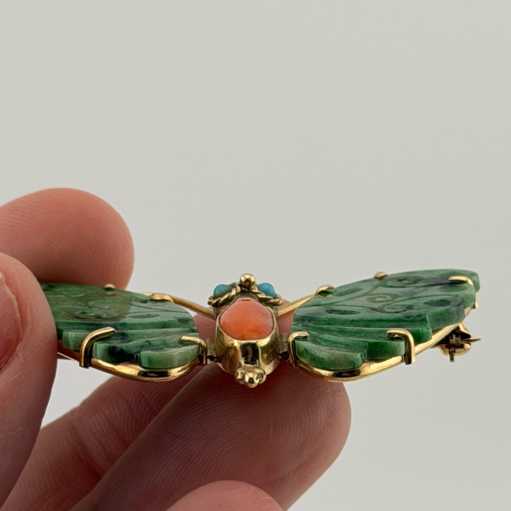 Vintage 18K Gold Moth Butterfly Brooch Carved Green Jade Coral Stone Turquoise - Picture 6 of 14